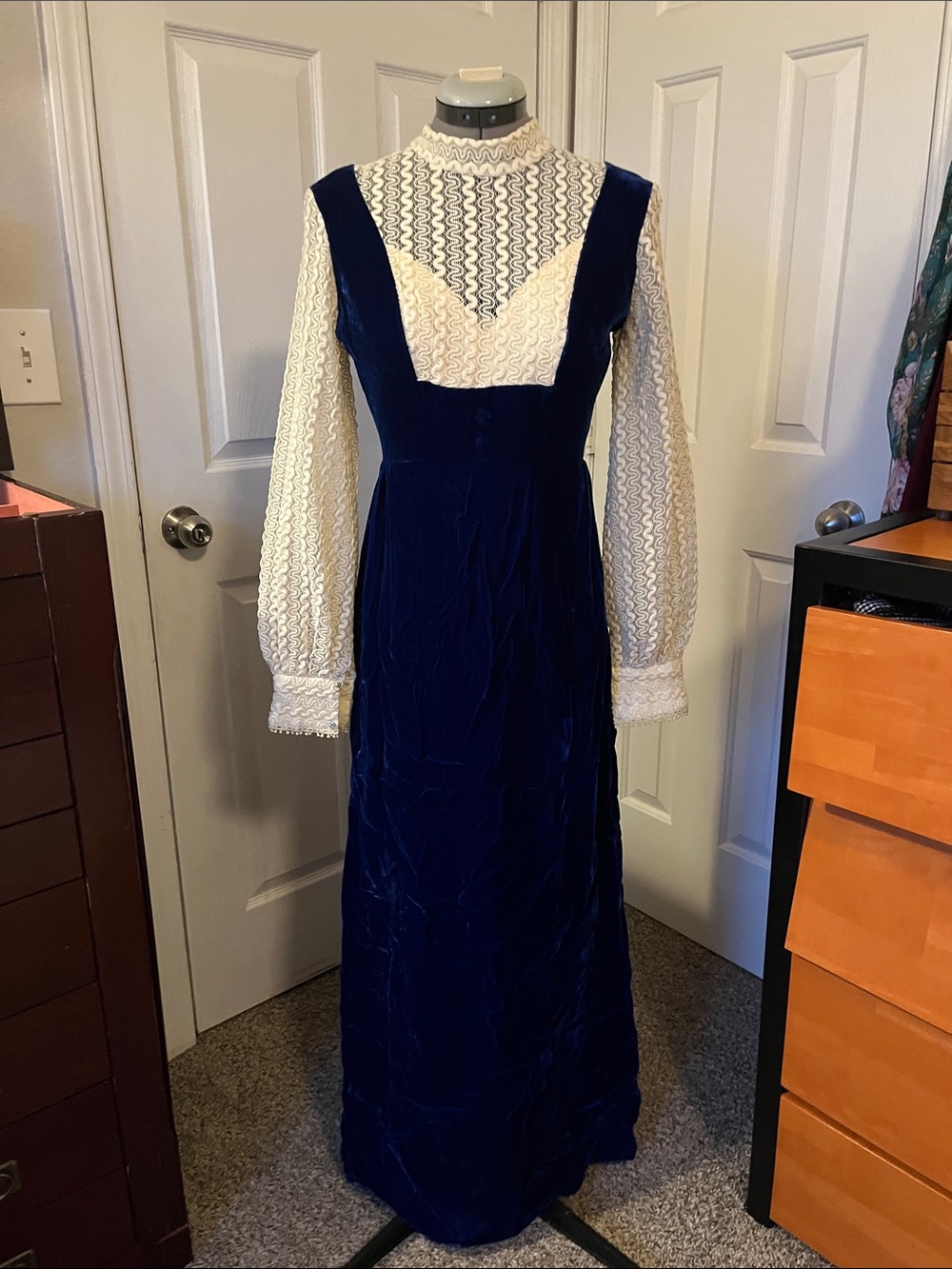 1970's Handmade Velvet Edwardian Revival Maxi Dress, Size 0/2